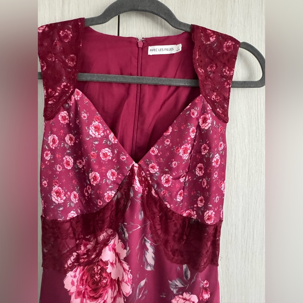 Avec Les Filles Burgundy Floral Maxi Dress Sz 2 like new - Picture 5 of 9